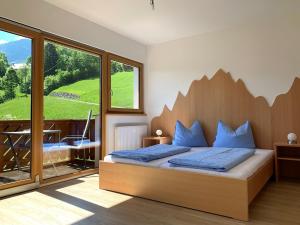 斯拉泽Chalets und Apartments Hauserhof Nassfeld的一间卧室设有一张床和一个大窗户