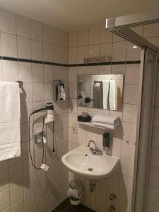 特里尔弗兰肯图尔姆餐厅酒店的一间带水槽和镜子的浴室
