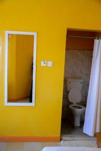 埃尔多雷特New Green Pastures Guest House的黄色的浴室设有卫生间和镜子