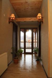 姆茨赫塔Davit batoni Guest house的走廊上种植了盆栽植物,门上享有美景