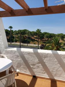 埃尔波提尔Playa entre pinares的阳台配有桌椅和棕榈树。