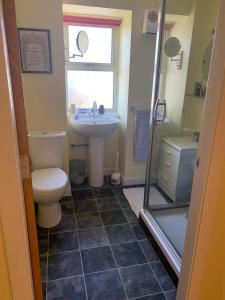 芬德霍恩Abbey Cottage, Findhorn的浴室配有卫生间、盥洗盆和淋浴。