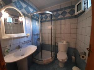 佩弗卡里Paraga Rooms Pefkari的带淋浴、卫生间和盥洗盆的浴室