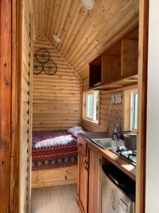 伊斯拉德迈波Tiny House Remanso del Espíritu的小木屋内的厨房配有床位