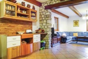 索卡Chalet Primus Near Soča Gorge的厨房和带石墙的客厅