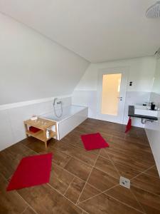 圣温德尔Ferienwohnung Dörrwies的厨房配有红色的地板垫和水槽