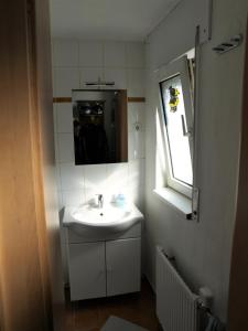 希登豪森Ferienwohnung Schmidt的一间带水槽和镜子的浴室以及窗户。