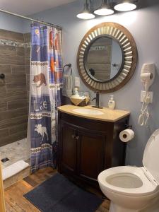 圣伊尼亚斯Moosewood Inn的一间带卫生间、水槽和镜子的浴室