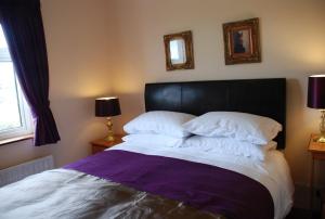 Ballydavid索利罗伊斯住宿加早餐酒店的一张带紫色毯子和白色枕头的床