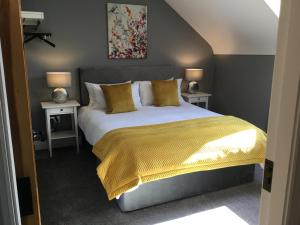 杜林Knockaguilla House Bed & Breakfast的一间卧室配有一张带黄毯的床和两张桌子