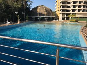 圣阿马鲁-达因佩拉特里斯Belíssimo resort com casa com banheiras água termal的一座建筑物前的海水中游泳池,里面有海豚