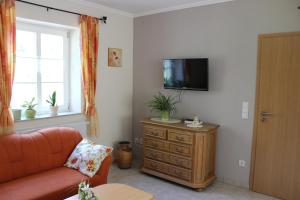 PlütscheidLandhaus Monika的客厅配有沙发和墙上的电视
