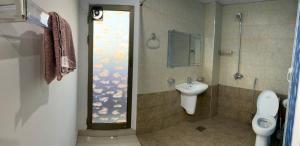 费萨拉巴德• Faizi Furnished Apartments的浴室配有卫生间、淋浴和盥洗盆。