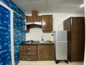 费萨拉巴德• Faizi Furnished Apartments的厨房配有水槽和冰箱