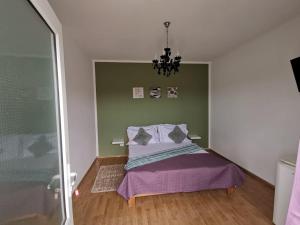 科斯蒂内什蒂维拉快乐之家旅馆的一间卧室配有一张带紫色毯子的床