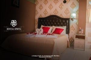 瓦努科Hostal Spring的一间卧室配有一张带红色枕头的大床