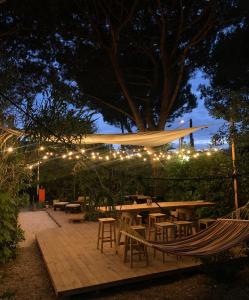 马里纳迪马萨多塞索乐露营地的花园的吊床,晚上有灯
