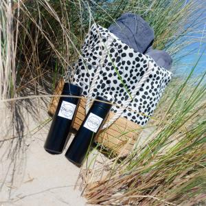登堡Snurk Texel的两个黑瓶坐在袋子旁边的沙子上
