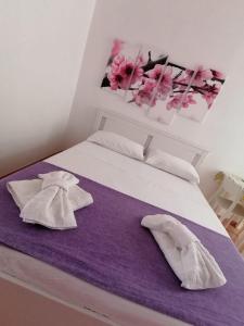 兰佩杜萨Sognando Lampedusa的一张带两个枕头和紫色毯子的床