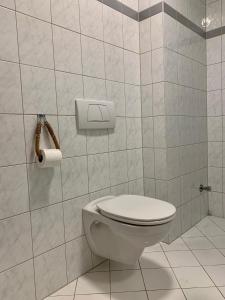 克拉根福Appartement Lilienthal的浴室设有卫生间和一卷卫生纸