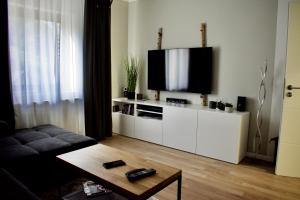 SinspeltFerienhaus Steins的客厅配有白色橱柜上的平面电视