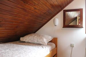 布雷日采Hiška Čatež的木天花板的客房内的一张床位