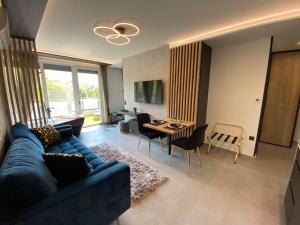 凯斯特海伊Relax Sauna Apartman privát finn szaunával的客厅配有蓝色的沙发和桌子