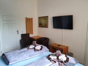 赛巴特班森Hotel Domke Haus an der See的客房设有两张床和一台平面电视。