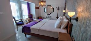 博兹贾阿达岛Mare Casia Bozcaada Otel的配有一张大床和镜子的酒店客房