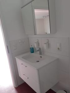 巴特拉斯费Ferienwohnung Bad Laasphe的白色的浴室设有水槽和镜子