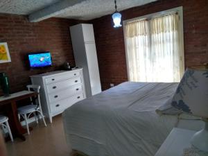格拉玛多Apartamento no Centro de Gramado的一间卧室配有一张床、一张书桌和一台电视
