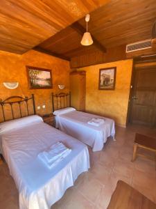 TerrerPosada del Cid的配有木天花板的客房设有两张床。