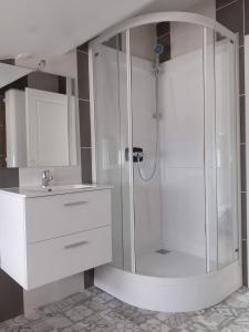 勒特雷波尔Villa 27的带淋浴和盥洗盆的白色浴室
