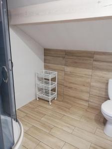 KarsinPAKLADA 3 Pokój typu studio的一间带卫生间的浴室,铺有木地板。