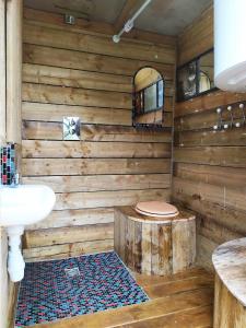 坎佩尔Ravissant yourte traditionnelle的木制浴室设有卫生间和水槽