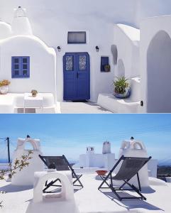 皮尔戈斯奥丽雅传统洞穴度假屋的白色房子里一扇蓝色门的两张照片