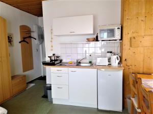 KuchelmißApartment Kletterrose am Krakower See的厨房配有白色橱柜和微波炉