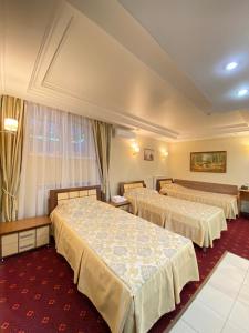 喀山多瑙河酒店的酒店客房,设有两张床,铺有红地毯。
