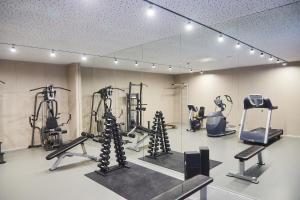 RozhnySHAMBALA WELLNESS CLUB的健身房设有数台跑步机和镜子