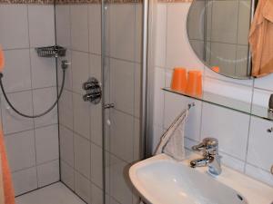 EgloffsteinGaestehaus Grau的带淋浴、盥洗盆和镜子的浴室
