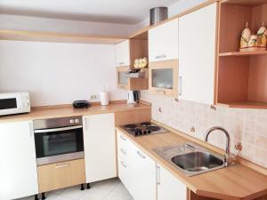 里斯卡Risika Apartmani的小厨房配有白色橱柜和水槽