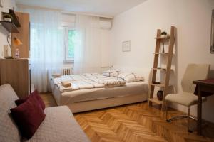 奥西耶克Studio Apartment Vijenac的一间卧室配有一张床、一张桌子和一把椅子
