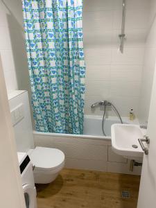 Novi BeogradApartment Azzurro lux的一间带卫生间和淋浴帘的浴室