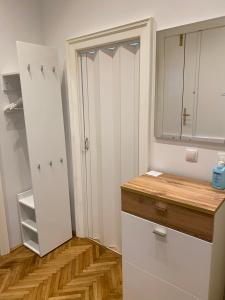 维也纳MQ Appartement的厨房铺有木地板,配有白色橱柜。