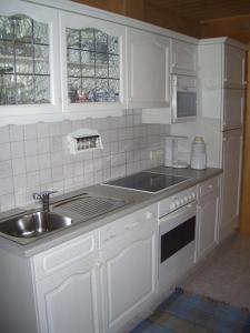 福尔施陶Appartement Sonnberg的厨房配有白色橱柜和水槽