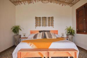 马尼萨莱斯Lodge Paraíso Verde的一间卧室设有床、窗户和两株植物