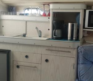 鲁西隆地区卡内Sea Guesthouse的厨房配有水槽和微波炉