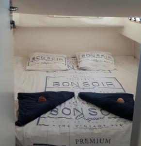 鲁西隆地区卡内Sea Guesthouse的一张带两个枕头的床和被子