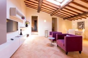 蒙塔尔奇诺Mastrojanni Relais的客厅配有紫色椅子和电视