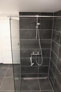 哥本哈根Cosy Private room close to Copenhagen centre的浴室设有黑色瓷砖淋浴。
